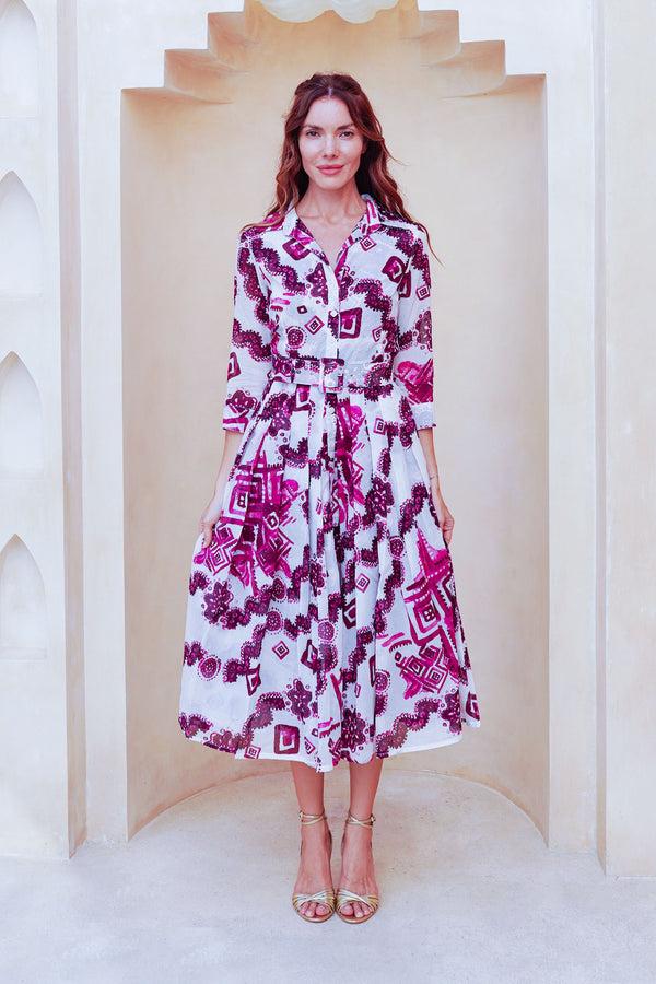 samantha sung Audrey Dress #4 Shirt Collar 3/4 Sleeve Midi Length Cotton Musola (Tie Dye Izmir Small White)