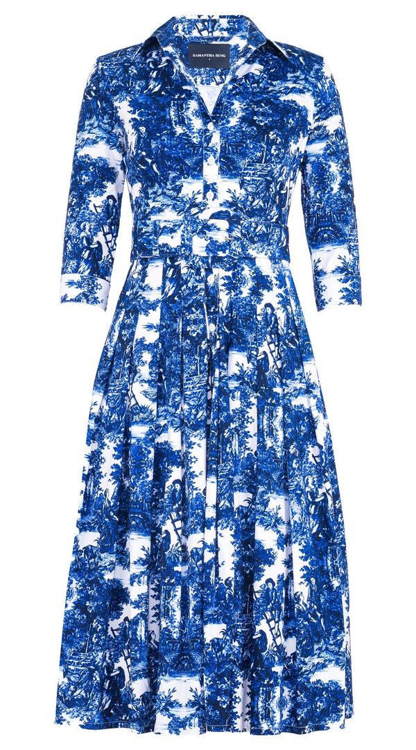samantha sung Audrey Dress #4 Shirt Collar 3/4 Sleeve Midi Length Cotton Stretch (Antilles Toile White)