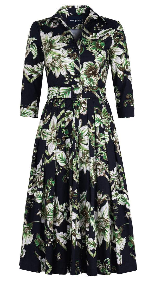 samantha sung Audrey Dress #4 Shirt Collar 3/4 Sleeve Midi Length Cotton Stretch (Flower Luxembrug Ivory)