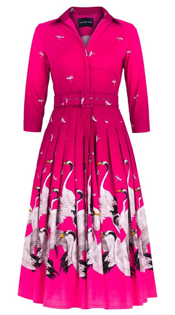 samantha sung Audrey Dress #4 Shirt Collar 3/4 Sleeve Midi Length Cotton Stretch (White Crane Ombre)