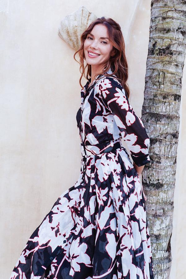 Samantha Sung Audrey Dress #4 Shirt Collar 3/4 Sleeve Midi Length Cotton Musola (Hemingway Flower Ground)