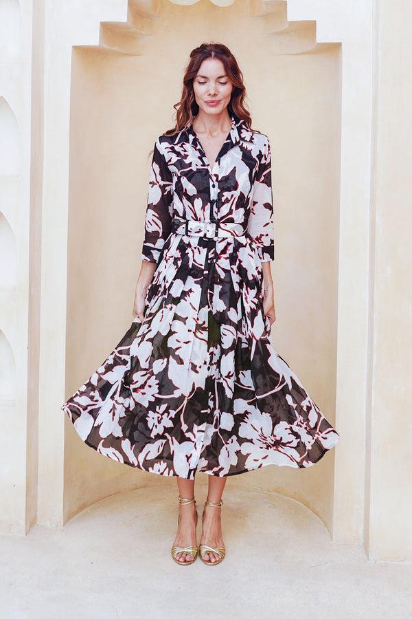 Samantha Sung Audrey Dress #4 Shirt Collar 3/4 Sleeve Midi Length Cotton Musola (Hemingway Flower Ground)