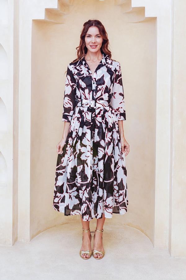 samantha sung Audrey Dress #4 Shirt Collar 3/4 Sleeve Midi Length Cotton Musola (Hemingway Flower Ground)