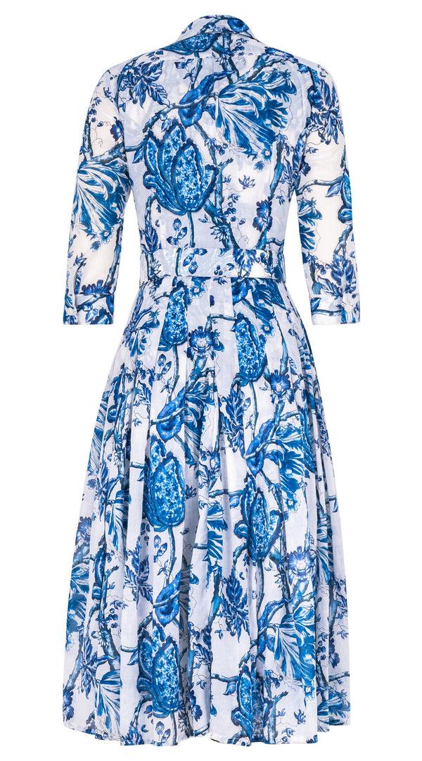 Samantha Sung Audrey Dress #4 Shirt Collar 3/4 Sleeve Midi Length Cotton Musola (Lillie Toile White)