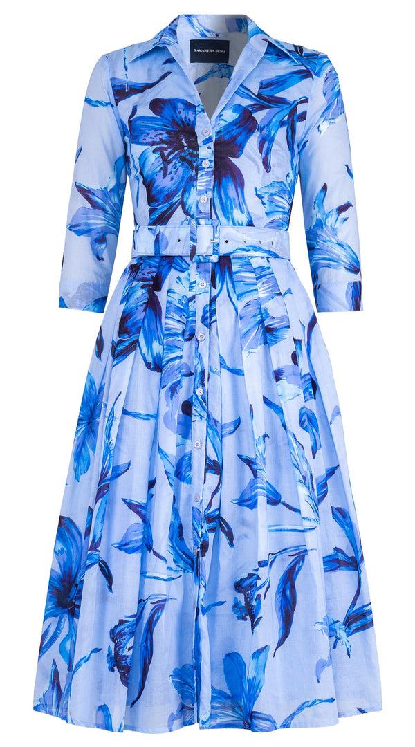 samantha sung Audrey Dress #4 Shirt Collar 3/4 Sleeve Midi Length Cotton Musola (Portofino Lillies Small)