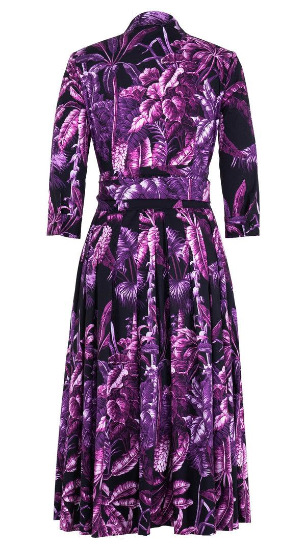 Samantha Sung Audrey Dress #4 Shirt Collar 3/4 Sleeve Midi Length Cotton Stretch (Vintage Palm)