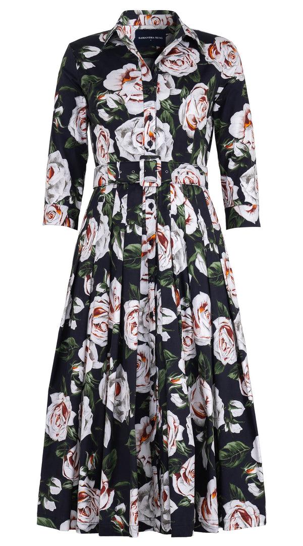 samantha sung Audrey Dress #4 Shirt Collar 3/4 Sleeve Midi Length Cotton Stretch (White Rose Bright)