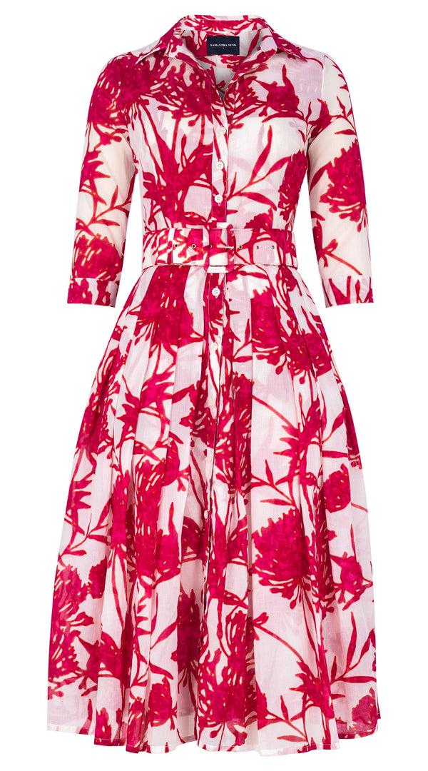 Samantha Sung Audrey Dress #4 Shirt Collar 3/4 Sleeve Midi Length Cotton Musola (Primavery Silhouette White)