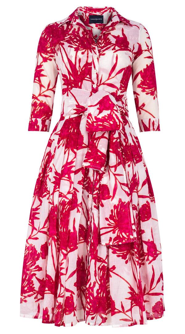 Samantha Sung Audrey Dress #4 Shirt Collar 3/4 Sleeve Midi Length Cotton Musola (Primavery Silhouette White)