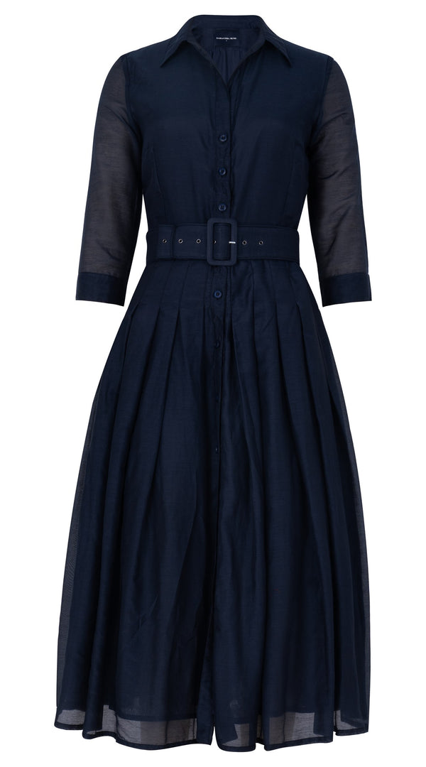 Samantha Sung Audrey Dress #4 Shirt Collar 3/4 Sleeve Midi Length Silk Musola (Solid)