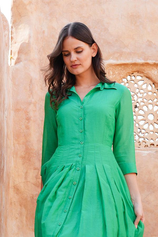 Samantha Sung Audrey Dress #4 Shirt Collar 3/4 Sleeve Midi Length Silk Musola (Solid)