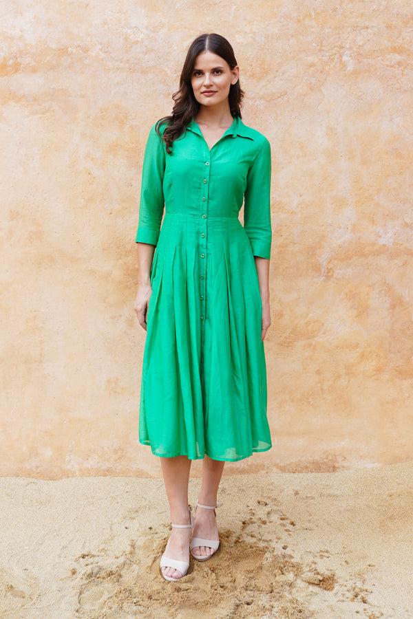 samantha sung Audrey Dress #4 Shirt Collar 3/4 Sleeve Midi Length Silk Musola (Solid)