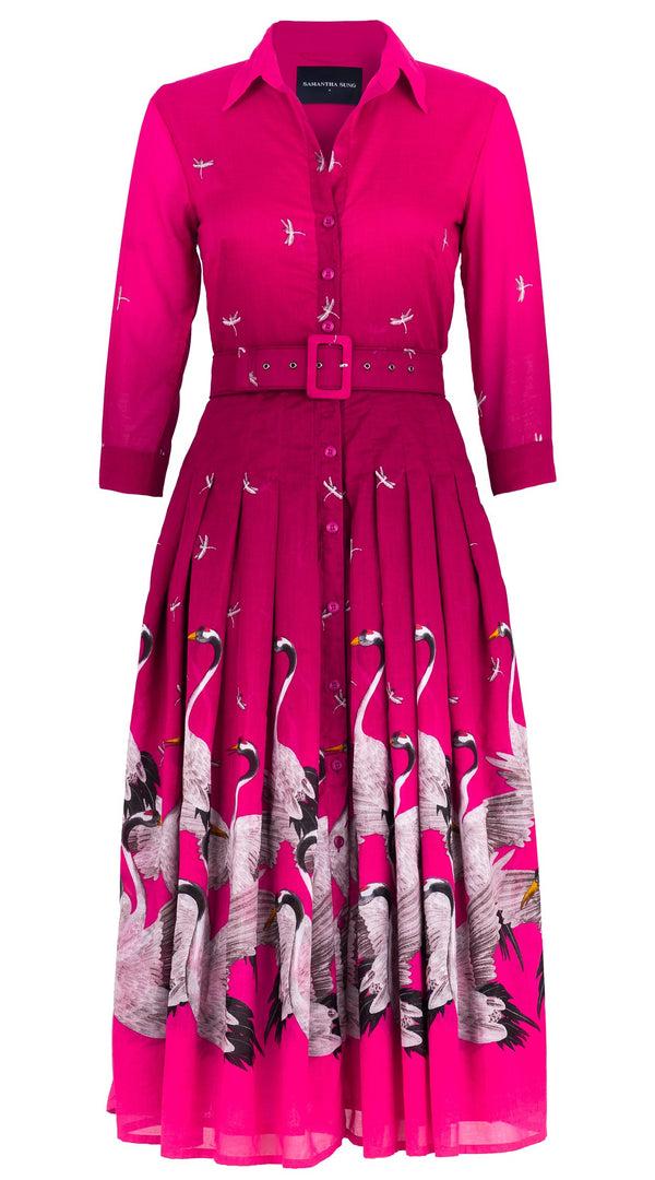 Samantha Sung Audrey Dress #4 Shirt Collar 3/4 Sleeve Midi Length Cotton Musola (White Crane Ombre)