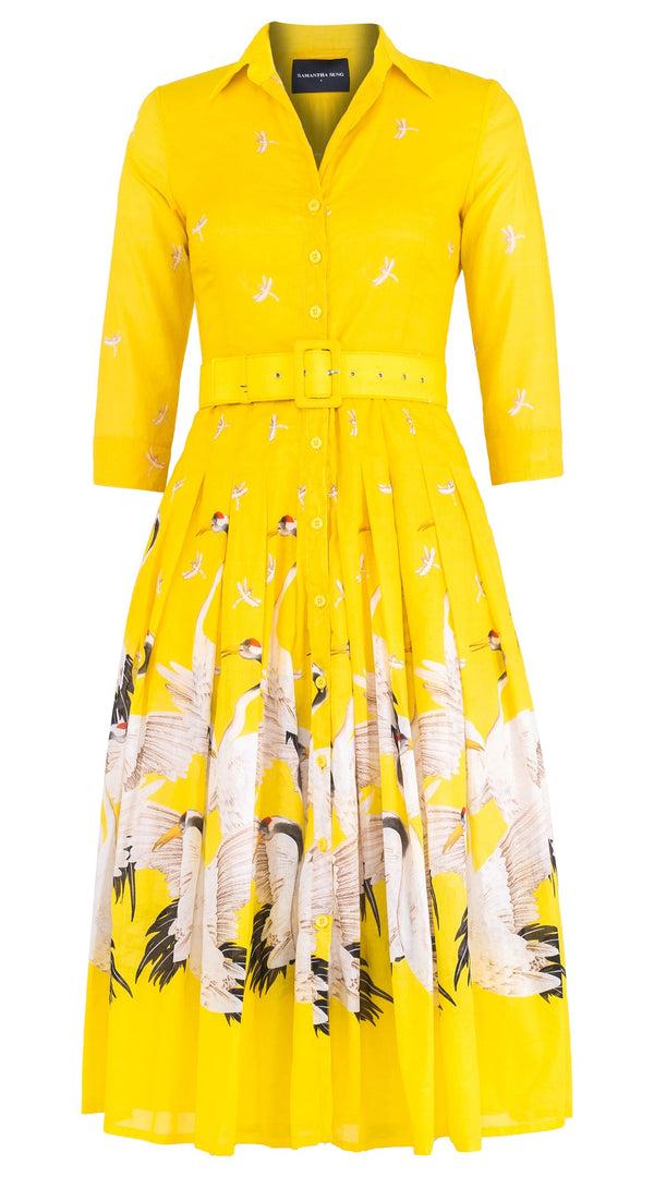 samantha sung Audrey Dress #4 Shirt Collar 3/4 Sleeve Midi Length Cotton Musola (White Crane Ombre)