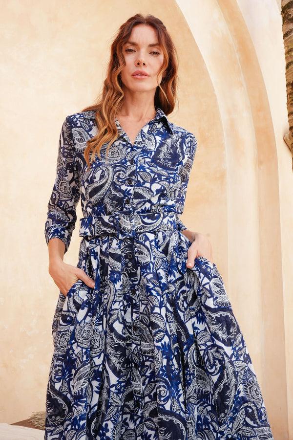 Samantha Sung Audrey Dress #4 Shirt Collar 3/4 Sleeve Midi Length Cotton Musola (Cachemire Paisley White)