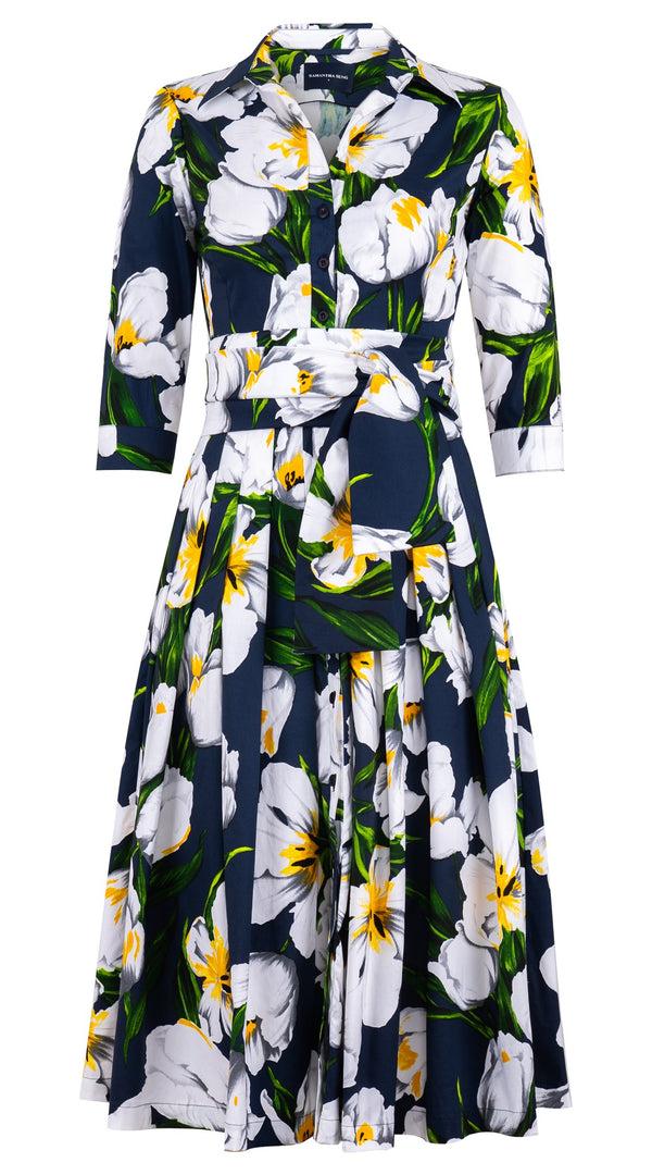 Samantha Sung Audrey Dress #4 Shirt Collar 3/4 Sleeve Midi Length Cotton Stretch (Emperor Tulip Bright)