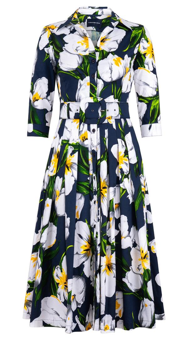 samantha sung Audrey Dress #4 Shirt Collar 3/4 Sleeve Midi Length Cotton Stretch (Emperor Tulip Bright)
