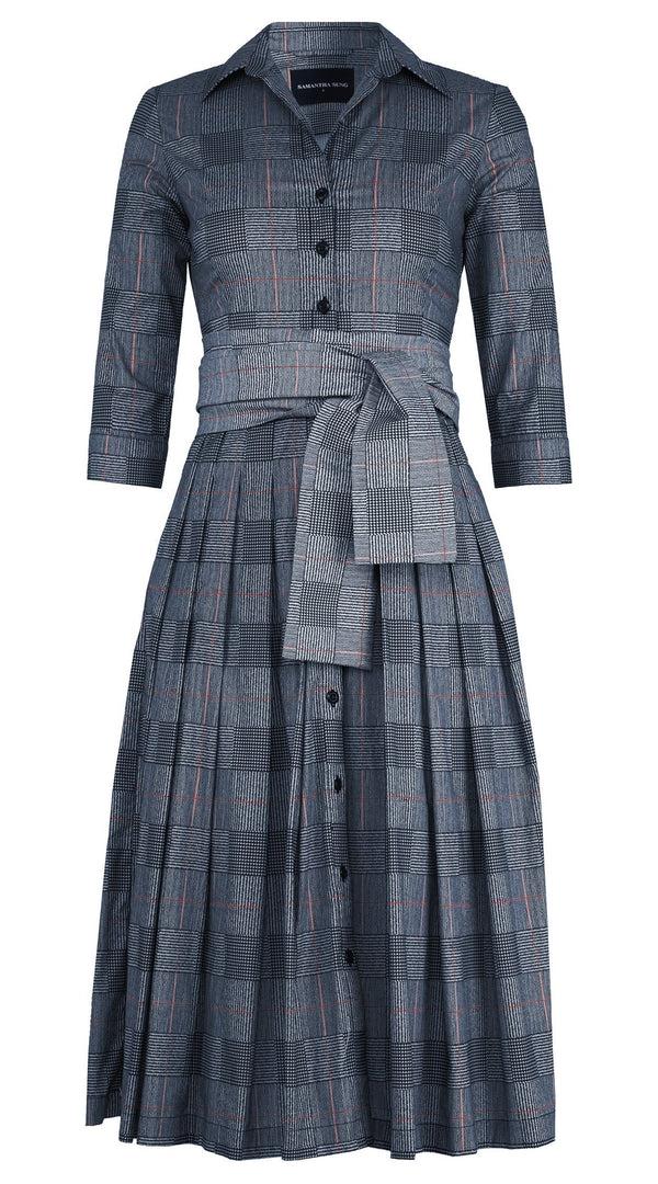 Samantha Sung Audrey Dress #4 Shirt Collar 3/4 Sleeve Midi Length Cotton Stretch (Savile Row Check Big White)