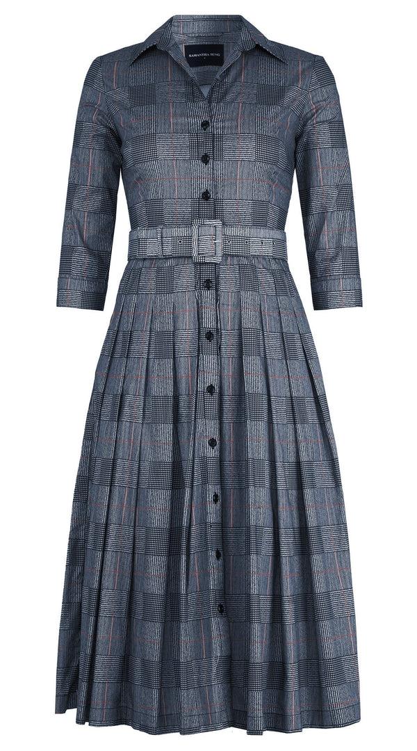 samantha sung Audrey Dress #4 Shirt Collar 3/4 Sleeve Midi Length Cotton Stretch (Savile Row Check Big White)