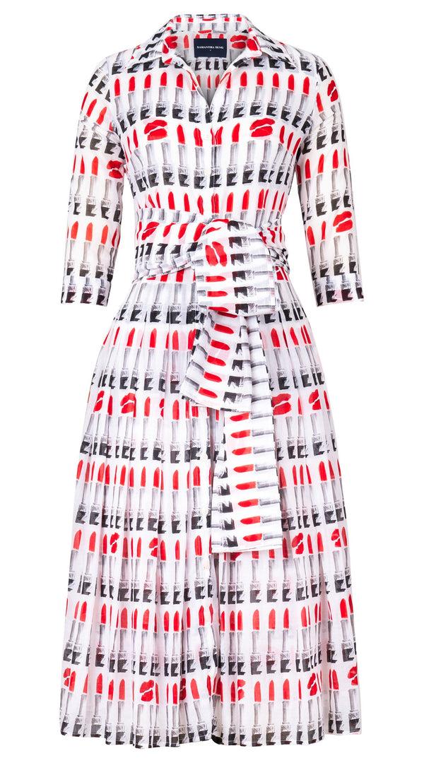Samantha Sung Audrey Dress #4 Shirt Collar 3/4 Sleeve Midi Length Cotton Musola (Lipstic Rouge White)