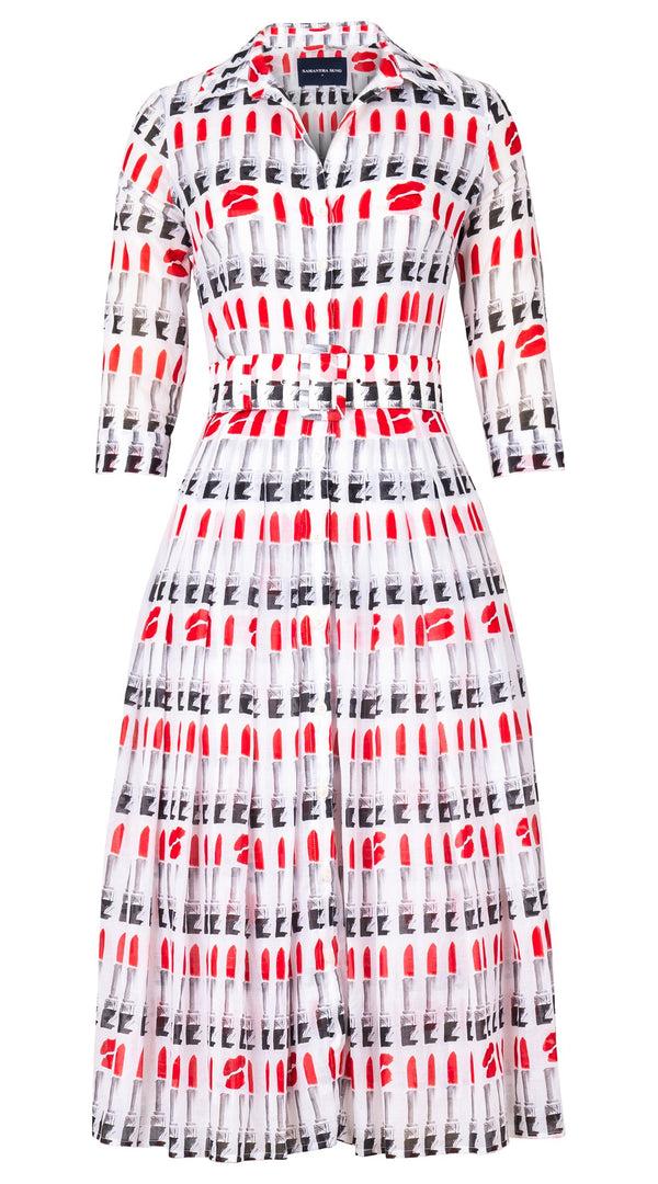 samantha sung Audrey Dress #4 Shirt Collar 3/4 Sleeve Midi Length Cotton Musola (Lipstic Rouge White)