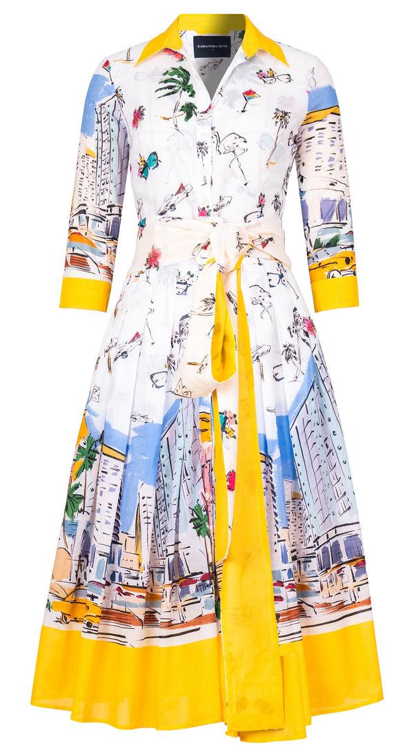 Samantha Sung Audrey Dress #4 Shirt Collar 3/4 Sleeve Midi Length Cotton Musola (Monaco White)