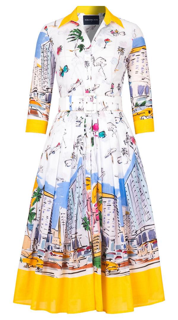 samantha sung Audrey Dress #4 Shirt Collar 3/4 Sleeve Midi Length Cotton Musola (Monaco White)