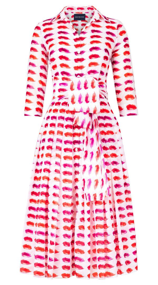 Samantha Sung Audrey Dress #4 Shirt Collar 3/4 Sleeve Midi Length Cotton Musola (Watercolor Lips)