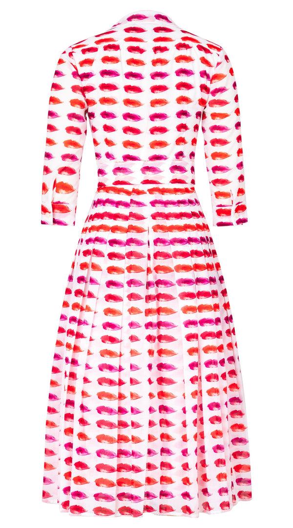 Samantha Sung Audrey Dress #4 Shirt Collar 3/4 Sleeve Midi Length Cotton Musola (Watercolor Lips)