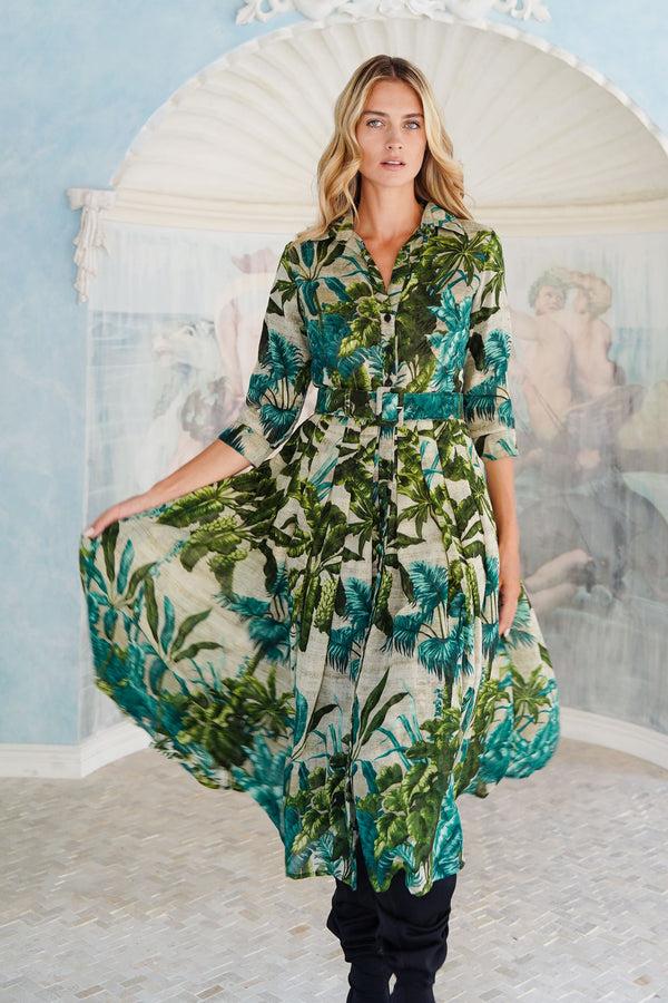Samantha Sung Audrey Dress #4 Shirt Collar 3/4 Sleeve Midi Length Wool (Vintage Palm) - Beige Green