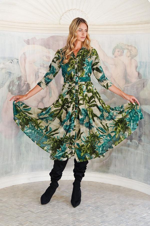 Samantha Sung Audrey Dress #4 Shirt Collar 3/4 Sleeve Midi Length Wool (Vintage Palm) - Beige Green