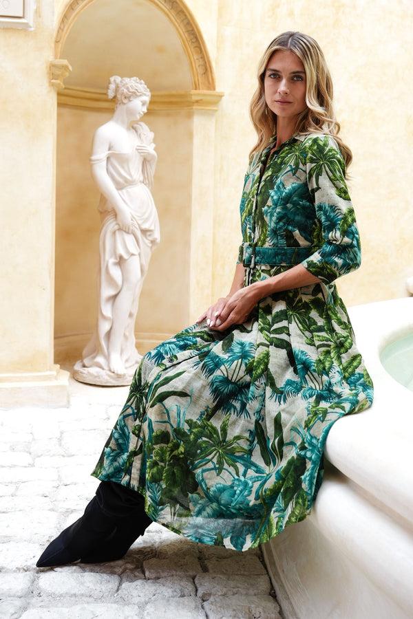 Samantha Sung Audrey Dress #4 Shirt Collar 3/4 Sleeve Midi Length Wool (Vintage Palm) - Beige Green