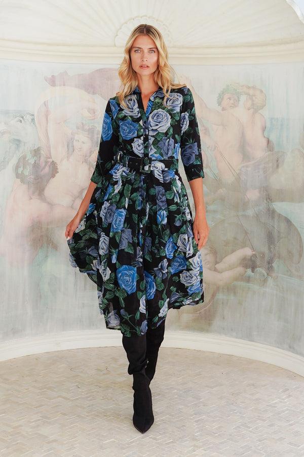 Samantha Sung Audrey Dress #4 Shirt Collar 3/4 Sleeve Midi Length Wool (Charlotte Rose Big Dark) - Black Blue