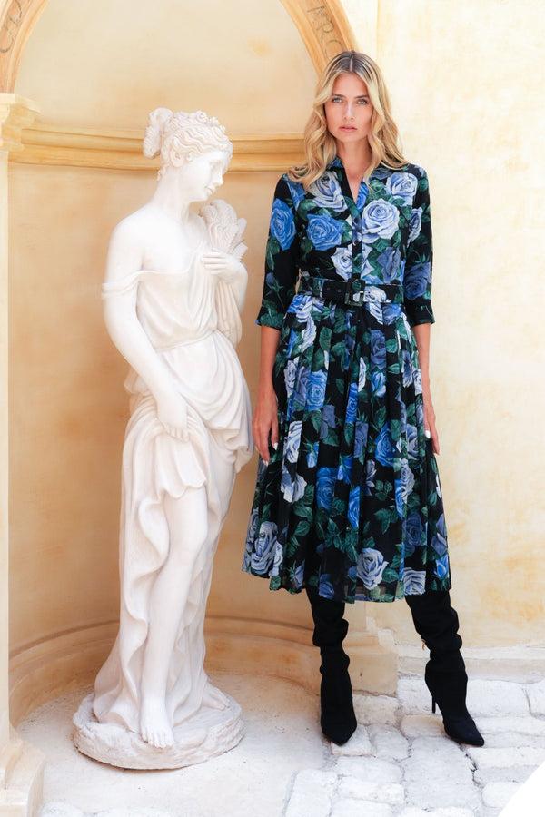 Samantha Sung Audrey Dress #4 Shirt Collar 3/4 Sleeve Midi Length Wool (Charlotte Rose Big Dark) - Black Blue