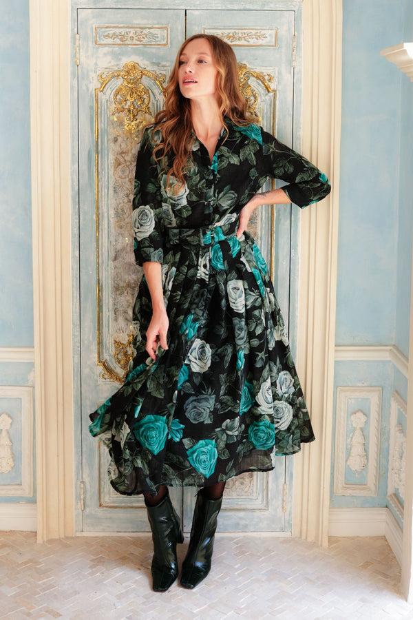 Samantha Sung Audrey Dress #4 Shirt Collar 3/4 Sleeve Midi Length Wool (Charlotte Rose Big Dark) - Black Jade