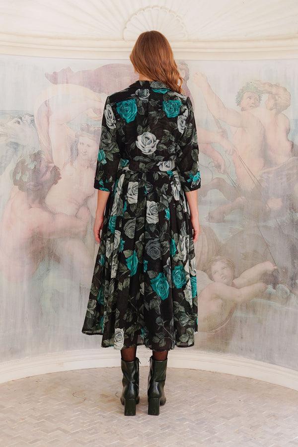 Samantha Sung Audrey Dress #4 Shirt Collar 3/4 Sleeve Midi Length Wool (Charlotte Rose Big Dark) - Black Jade