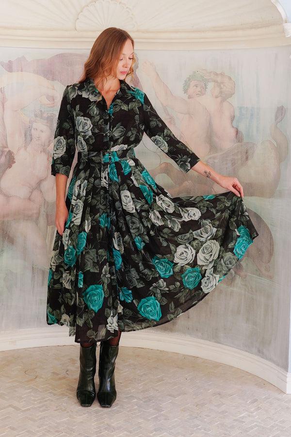 samantha sung Audrey Dress #4 Shirt Collar 3/4 Sleeve Midi Length Wool (Charlotte Rose Big Dark) - Black Jade samantha sung Audrey Dress #4 Shirt Collar 3/4 Sleeve Midi Length Wool (Charlotte Rose Big Dark) - Black Jade