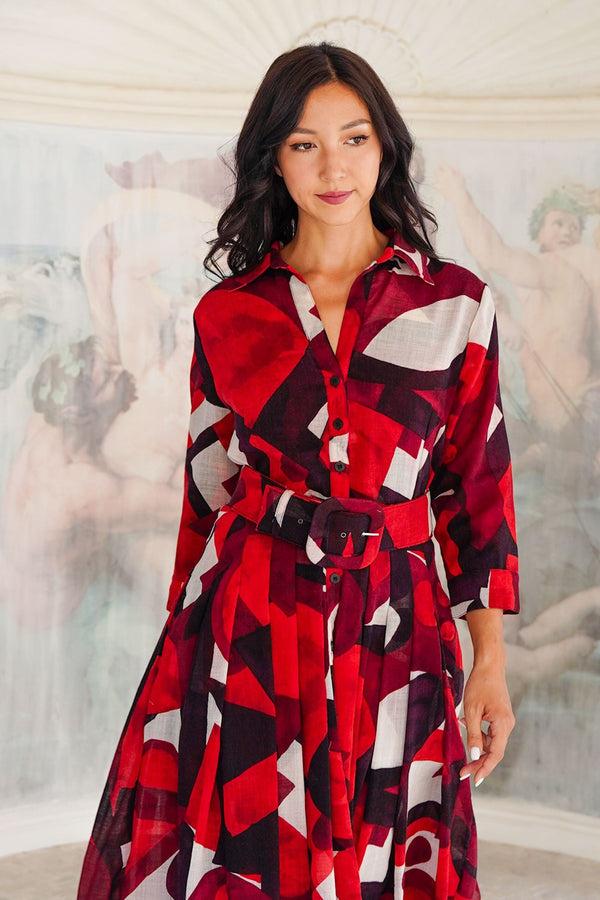 Samantha Sung Audrey Dress #4 Shirt Collar 3/4 Sleeve Midi Length Wool (Morello Graphic Dark) - Red Sepia