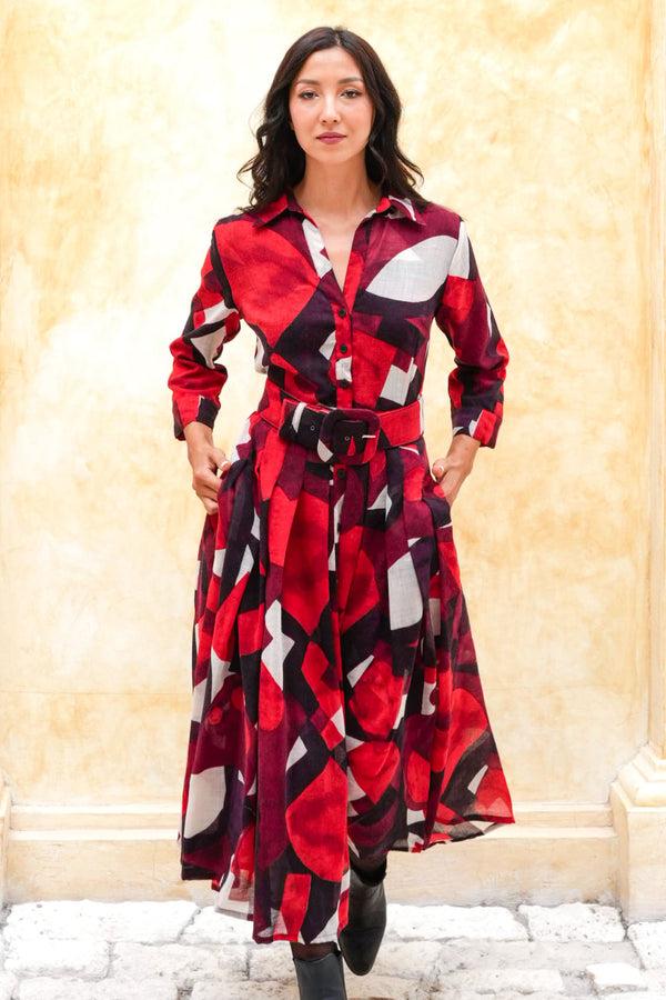 Samantha Sung Audrey Dress #4 Shirt Collar 3/4 Sleeve Midi Length Wool (Morello Graphic Dark) - Red Sepia