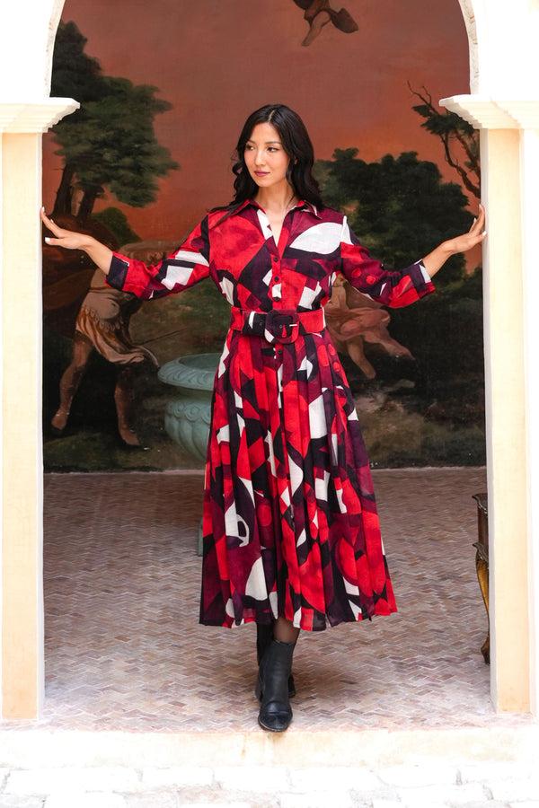 Samantha Sung Audrey Dress #4 Shirt Collar 3/4 Sleeve Midi Length Wool (Morello Graphic Dark) - Red Sepia