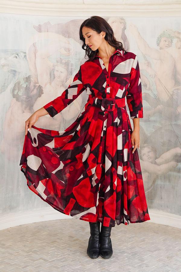 samantha sung Audrey Dress #4 Shirt Collar 3/4 Sleeve Midi Length Wool (Morello Graphic Dark) - Red Sepia samantha sung Audrey Dress #4 Shirt Collar 3/4 Sleeve Midi Length Wool (Morello Graphic Dark) - Red Sepia