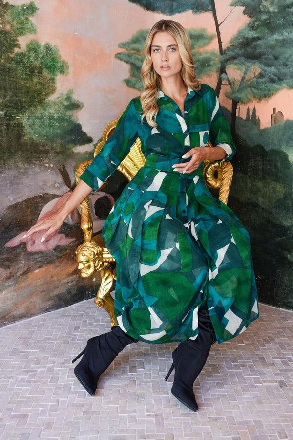 Samantha Sung Audrey Dress #4 Shirt Collar 3/4 Sleeve Midi Length Wool (Morello Graphic Dark) - Green Jade