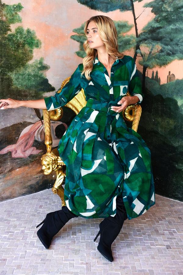 Samantha Sung Audrey Dress #4 Shirt Collar 3/4 Sleeve Midi Length Wool (Morello Graphic Dark) - Green Jade