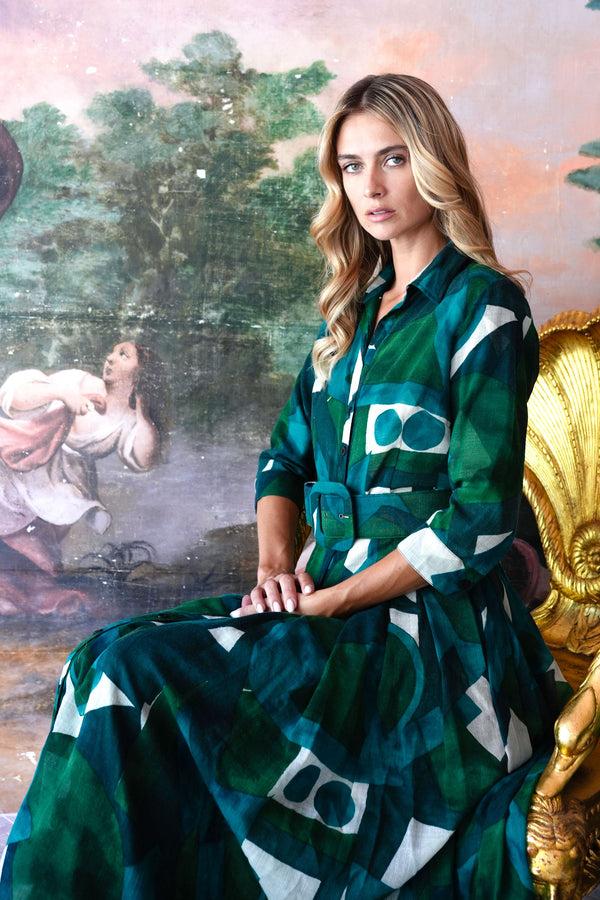 Samantha Sung Audrey Dress #4 Shirt Collar 3/4 Sleeve Midi Length Wool (Morello Graphic Dark) - Green Jade