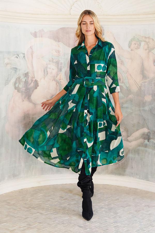 samantha sung Audrey Dress #4 Shirt Collar 3/4 Sleeve Midi Length Wool (Morello Graphic Dark) - Green Jade samantha sung Audrey Dress #4 Shirt Collar 3/4 Sleeve Midi Length Wool (Morello Graphic Dark) - Green Jade