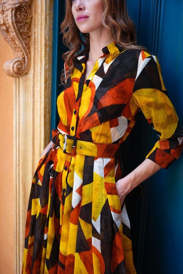 Samantha Sung Audrey Dress #4 Shirt Collar 3/4 Sleeve Midi Length Wool (Morello Graphic Dark) - Ivory Orange Sepia