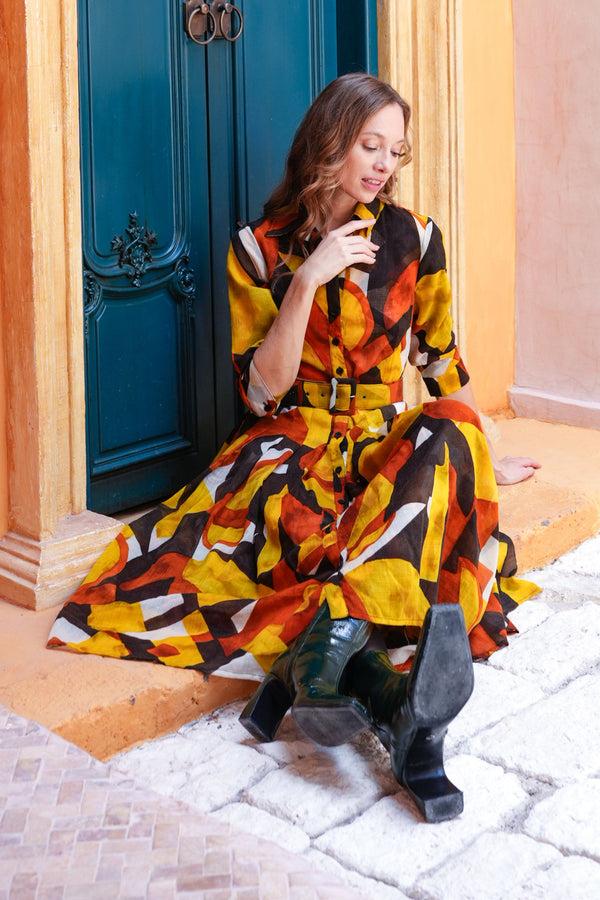 Samantha Sung Audrey Dress #4 Shirt Collar 3/4 Sleeve Midi Length Wool (Morello Graphic Dark) - Ivory Orange Sepia