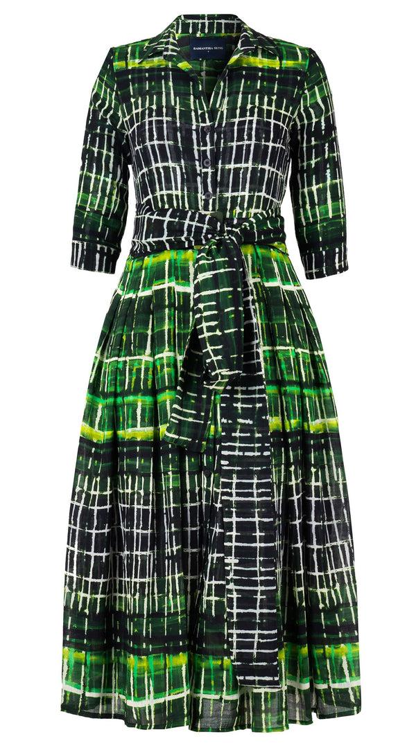 Samantha Sung Audrey Dress #4 Shirt Collar 3/4 Sleeve Midi Length Wool (Watercolor Plaid Small) - Green