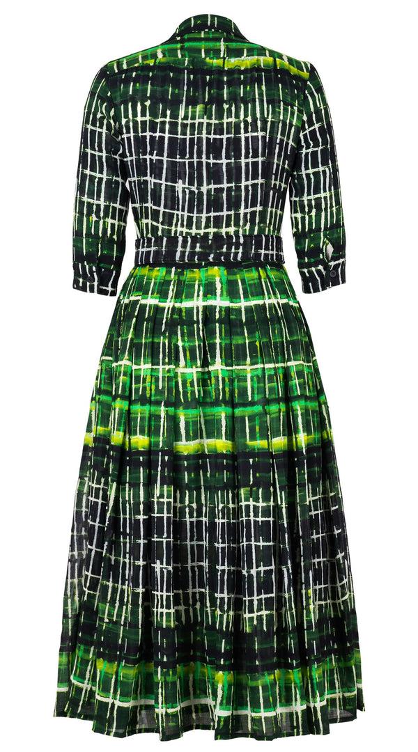 Samantha Sung Audrey Dress #4 Shirt Collar 3/4 Sleeve Midi Length Wool (Watercolor Plaid Small) - Green