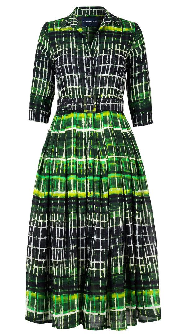samantha sung Audrey Dress #4 Shirt Collar 3/4 Sleeve Midi Length Wool (Watercolor Plaid Small) - Green samantha sung Audrey Dress #4 Shirt Collar 3/4 Sleeve Midi Length Wool (Watercolor Plaid Small) - Green